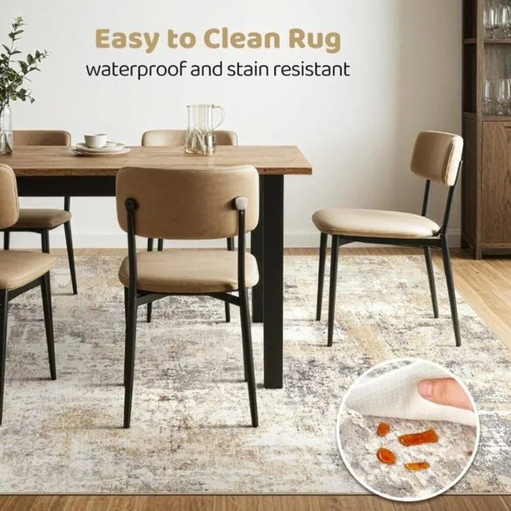 5x7 Gray Gold Washable Area Rug, Modern Abstract Non-Slip Carpet for Room Decor